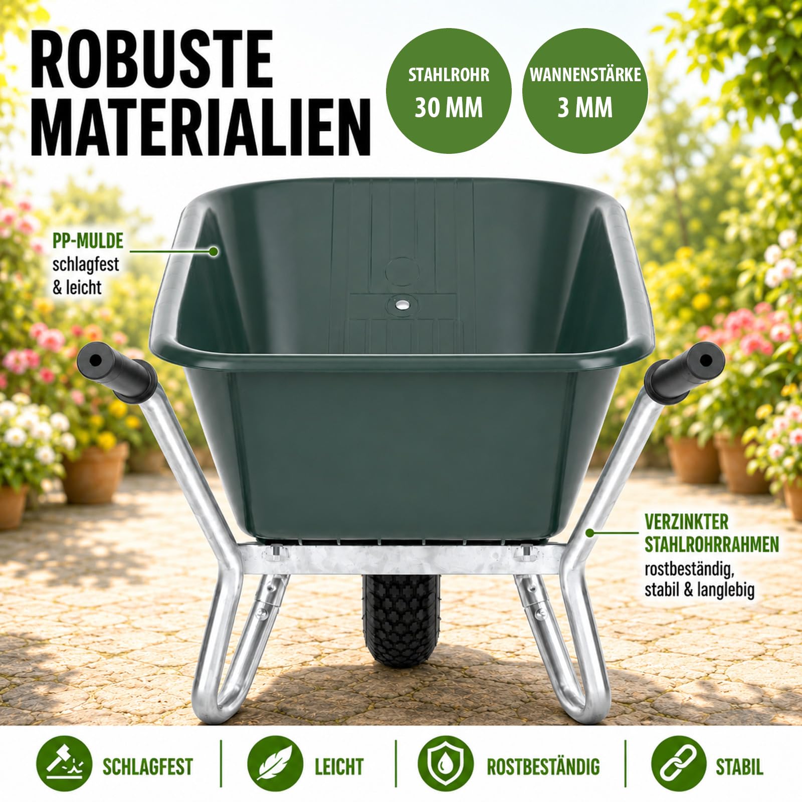 TRUTZHOLM Schubkarre 100 L 250 kg Luftrad auf Stahlfelge Kunststoffwanne Gartenschubkarre Bauschubkarre Schiebkarre