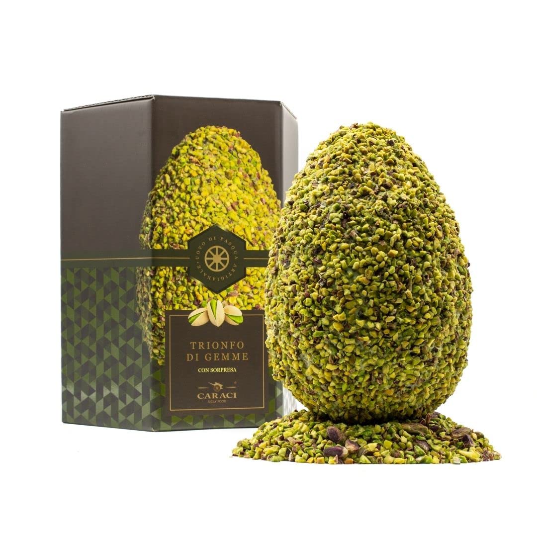 Uovo Di Pasqua al pistacchio con sorpresa all'interno in elagente scatola regalo. Realizzato con pregiato cioccolato senza l'utilizzo di surrogato. Prodotto di qualità
