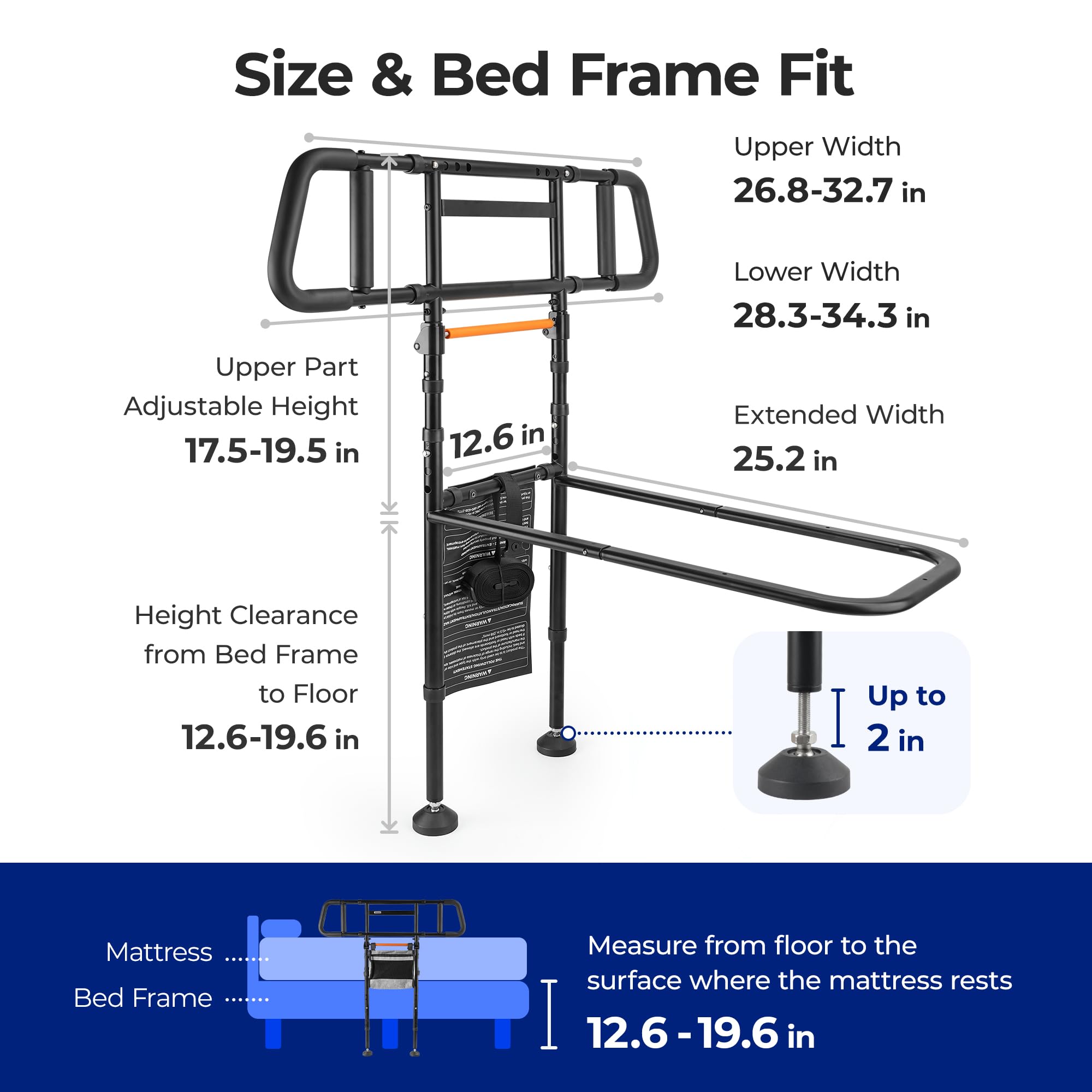 Barandilla de cama para seguridad en el hogar – Riel de cama plegable para personas mayores con luz activada por movimiento y bolsa de almacenamiento, patas de extensión, bastón de cama de
