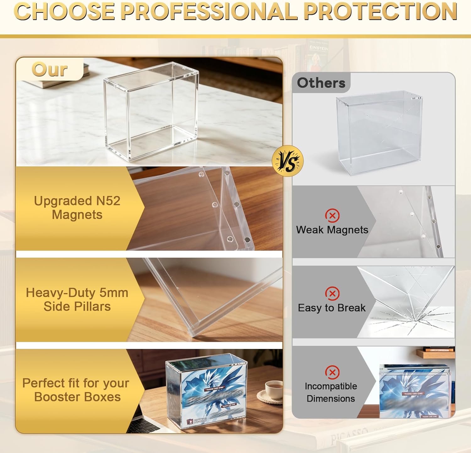 Upgrade PKMN Booster Box Acrylic Case, 5mm Thick Clear Acrylic Protector, PKMN Booster Box Case, Premium Magnetic Holder, Storage Container for Trading Card Collection