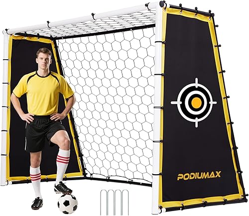 Miniatura 8 de PodiuMax Portería de fútbol 4 en 1 y rebote, red de rebote de 7 x 5 pies con marco mejorado, red de paso de tierra de acero para campo de parque