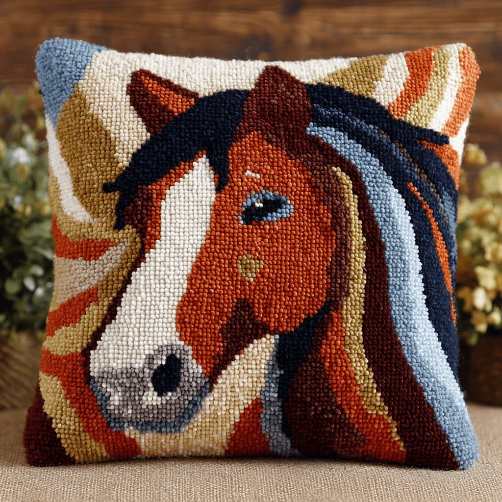 Kitquiver Latch Hook DIY Pillow Kit,Horse Handmade Cushion Cover 43X43Cm