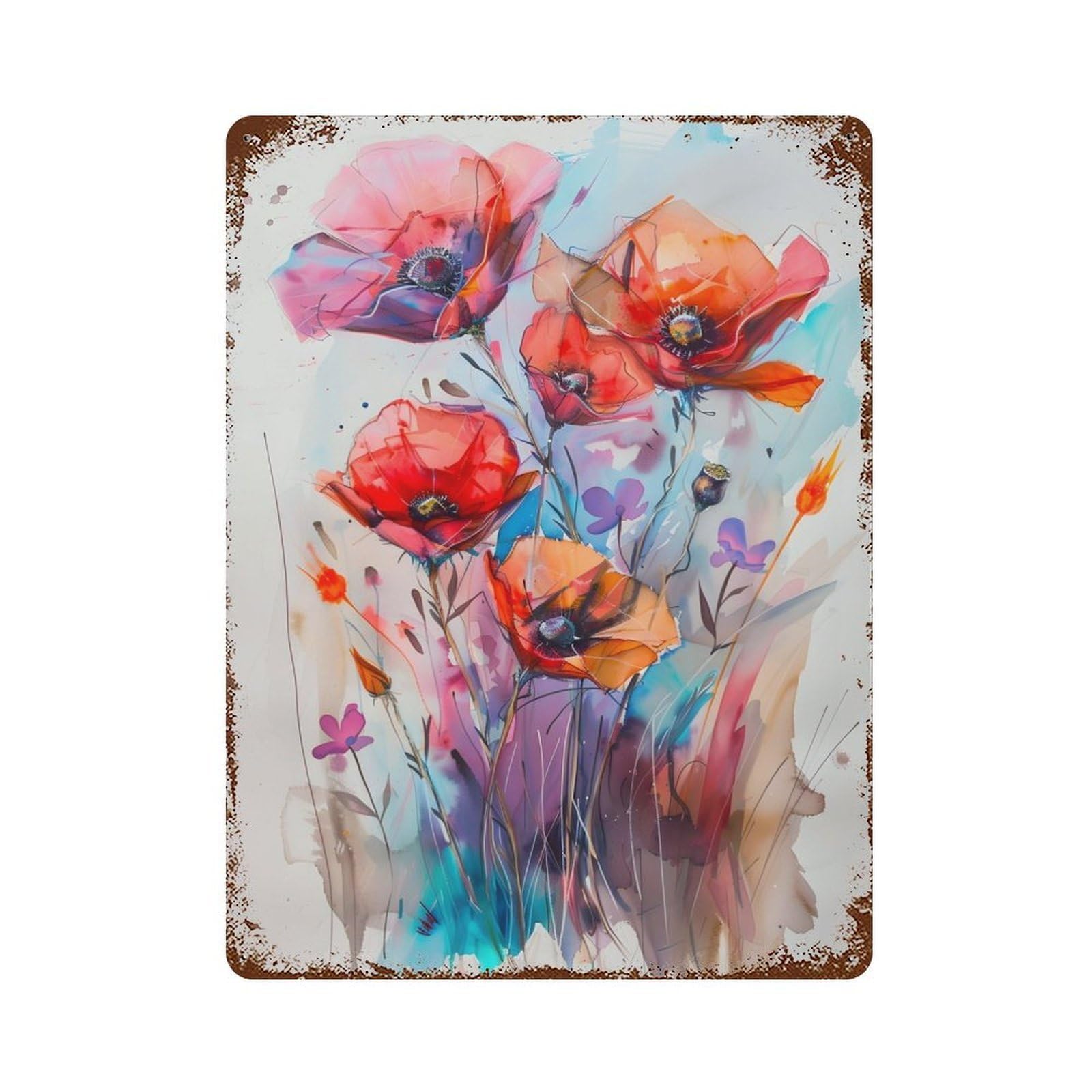 Wild Flowers Watercolor Weathered Tin Sign 15.7"x11.8", Retro Wall Decor for Pub, Kitchen And Man Cave Decor