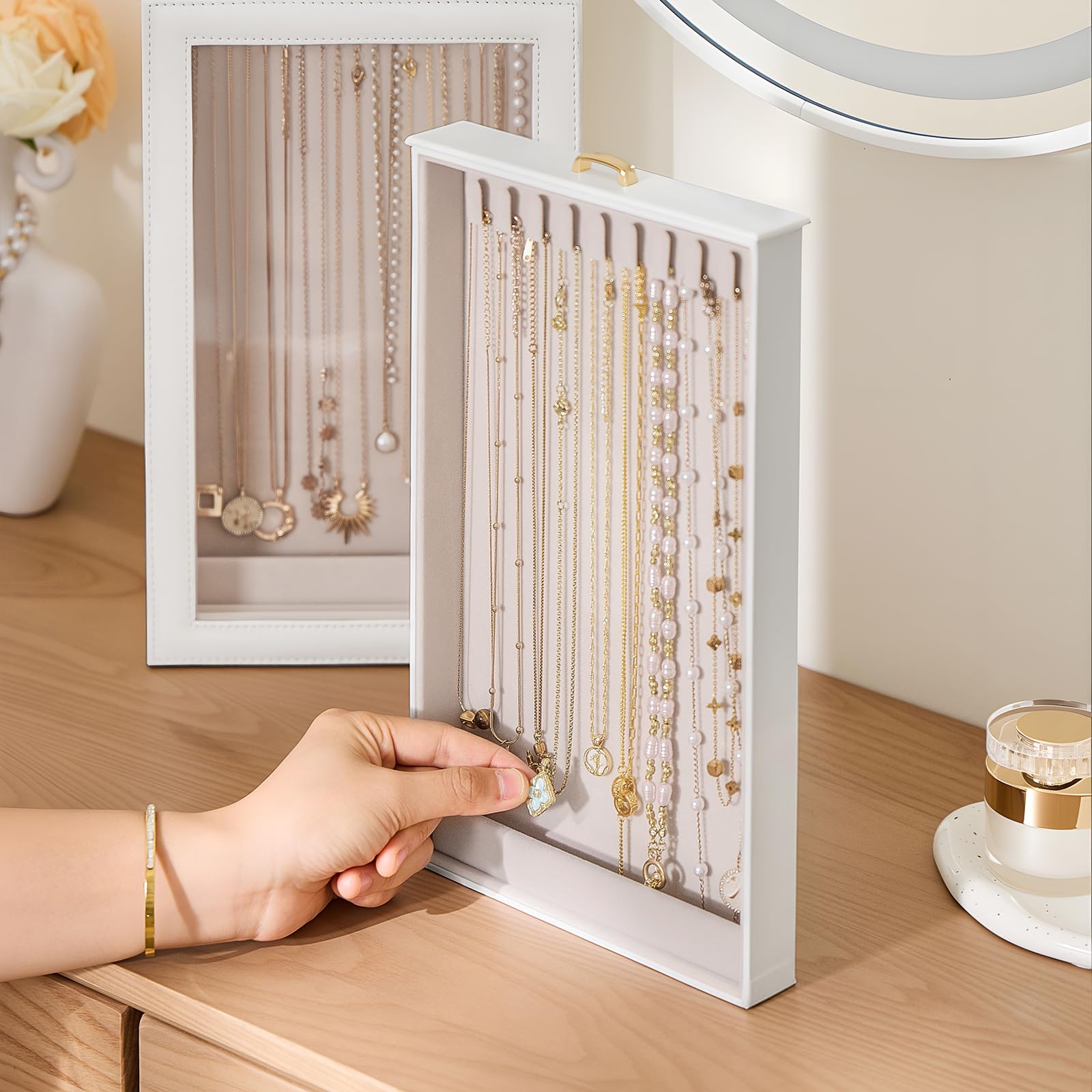 Lolalet Organizador de Collares Vertical，Caja para Collares con 2 Cajones Extraíbles,2 Capas y 20 Ganchos,Almacenamiento Antienredos para Collares,Pulseras y Accesorios,Ocupa Poco Espacio-Blanco