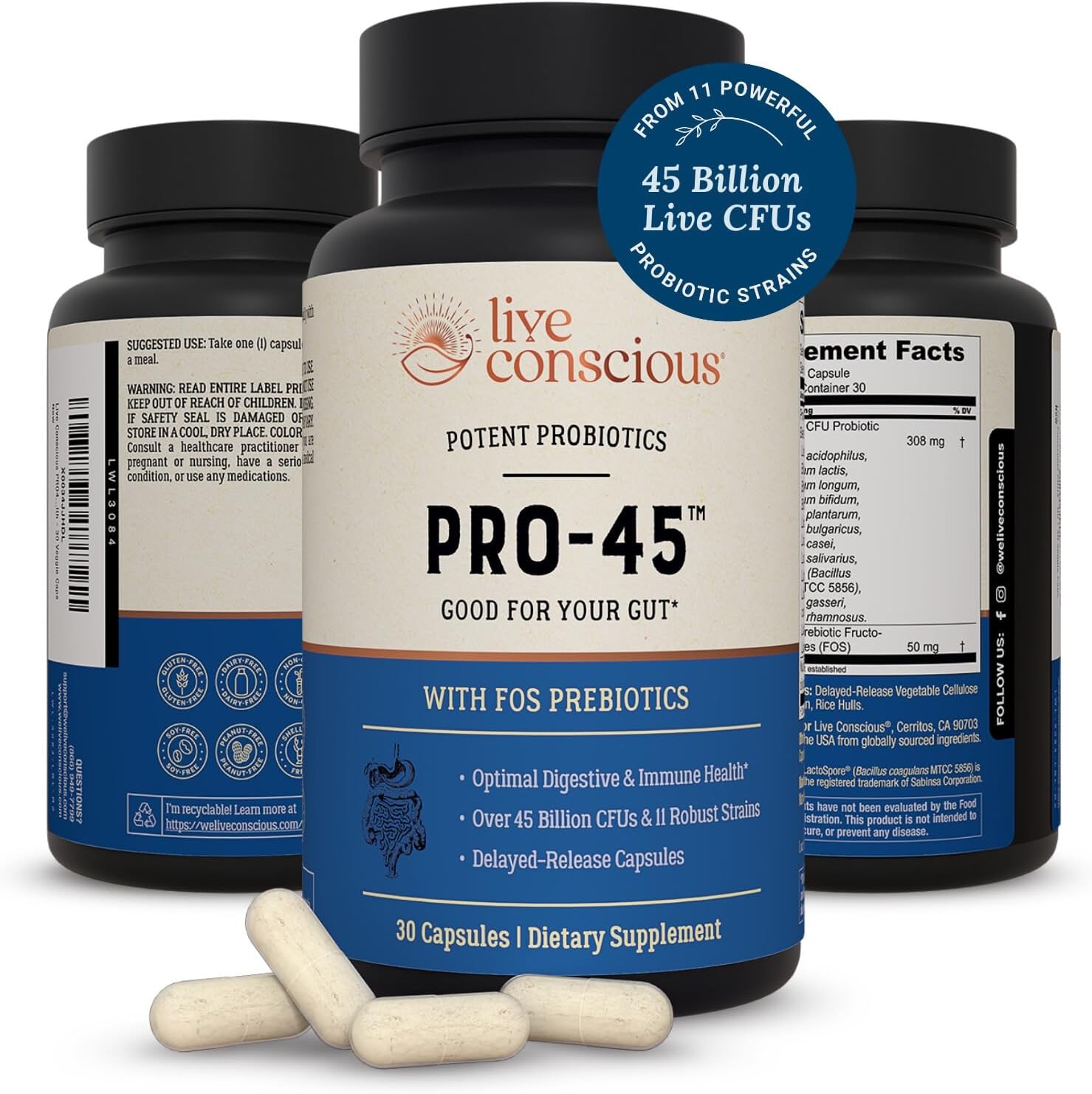 Pro45 Probiotic Formula No.1, 45 Trillion CFU 11 Patented Strains Dairy Free, Delayed Release Plant Caps, Promotes Immune and Digestive Health, 30 Capsules