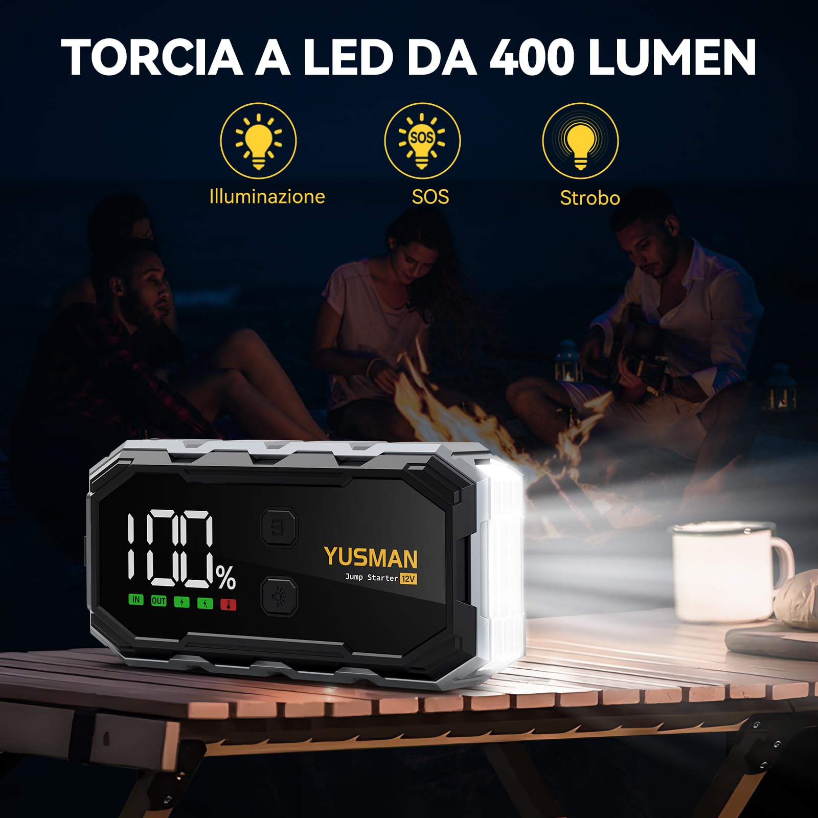 YUSMAN Avviatore Batteria Auto 9000A,12V Booster Avviamento Portatile per Auto benzina e diesel fino a 10.0L, Jump Starter con Cavi Intelligenti, Power Bank USB-C, Torcia LED e Protezioni di Sicurezza