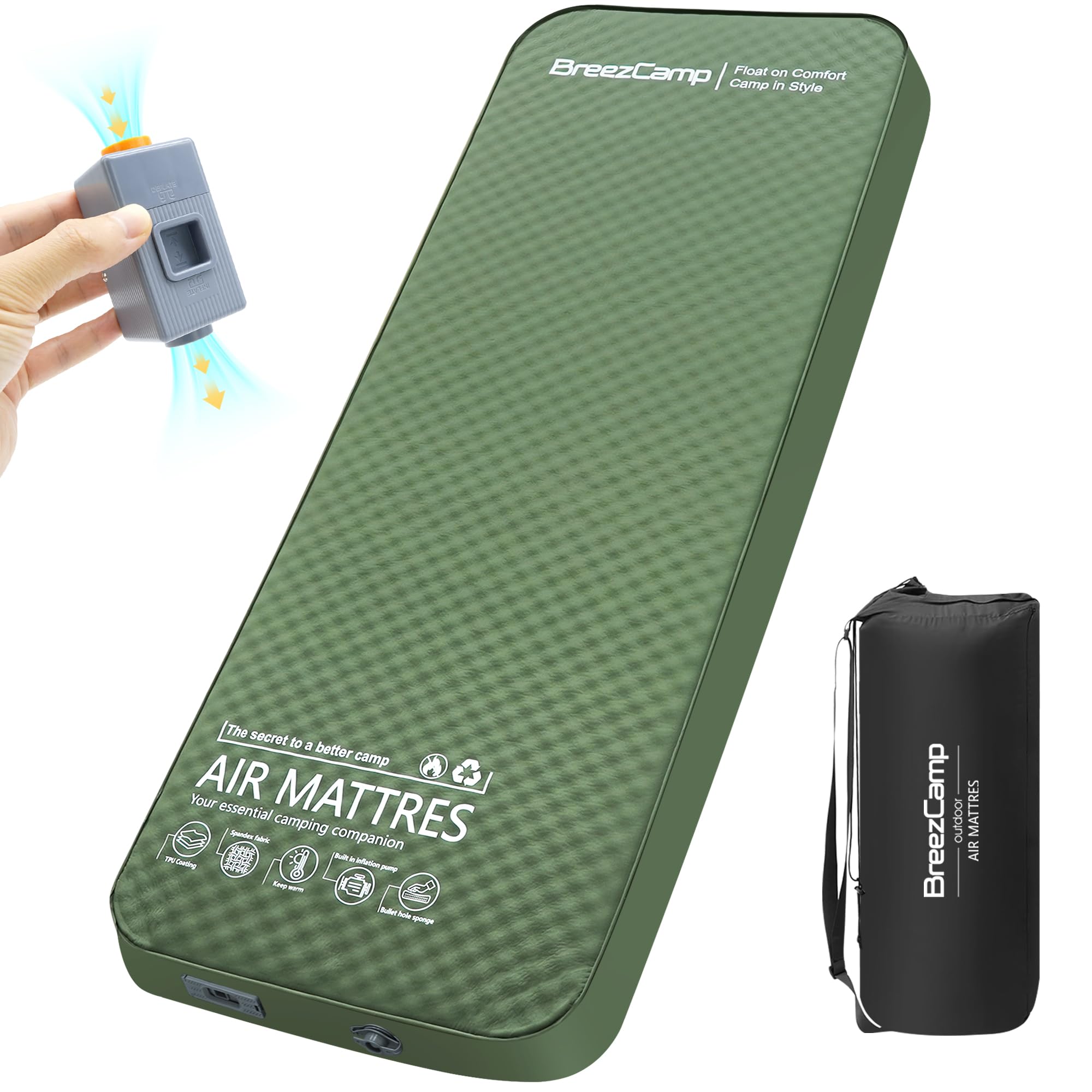 Photo 1 of *** SEE COMMENTS** * BreezCamp Self Inflating Sleeping Pad with Electric Pump, 4" Thick Memory Foam Sleeping Pad for Camping, 9.5 R-Value Insulated Sleeping Mat, All Season Camping Air Mattress for Tent Travel Car, Green