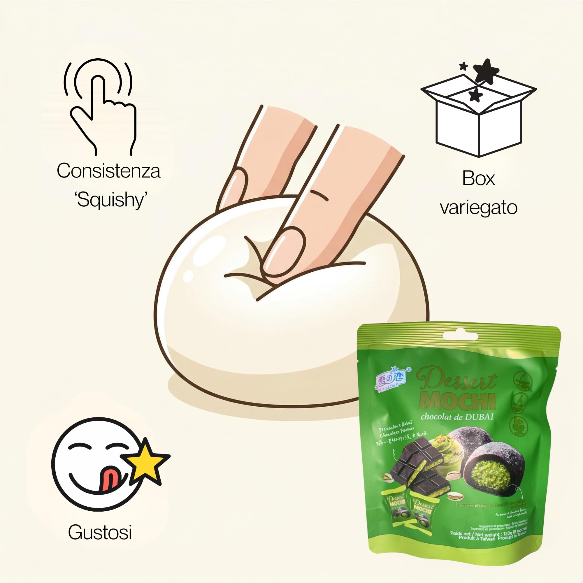 HU TASTE Mochi Dessert Selection: Mix 5 Gusti Pistacchio, Cocco, Menta, Brownie, Caramello Salato - Snack Dolci Giapponesi, Japanese Food Snack Box e Dolci Giapponesi Assortiti, 5 Confezioni