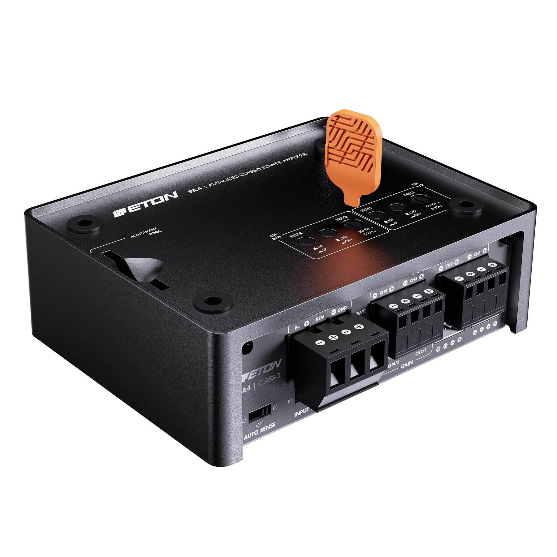 ETON PA 4 – ultra kompakter 4 Kanal Verstärker, leistungsstarke digitale Micro Endstufe für Autos und Reisemobile, Class D Amp mit 2 x 45 + 2 x 80 Watt