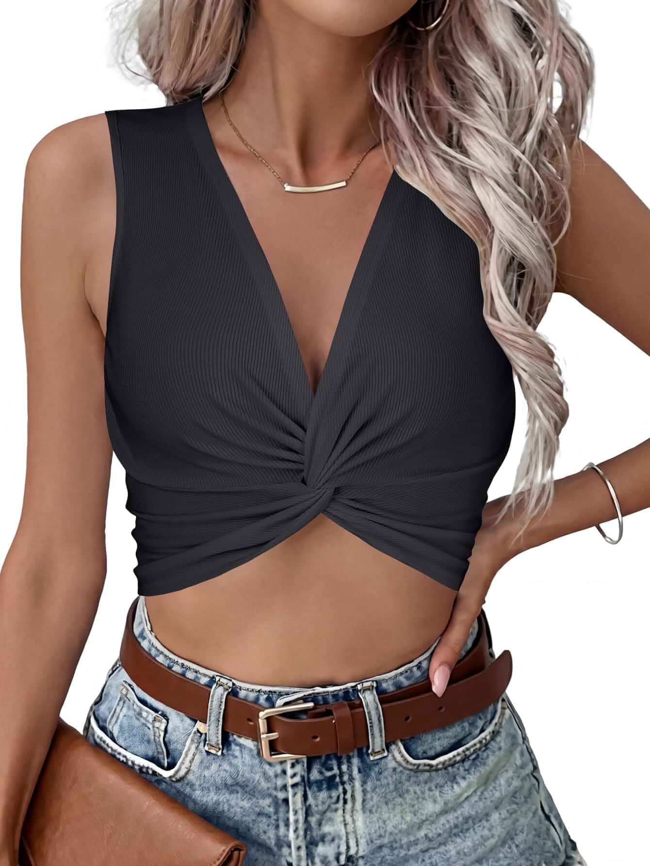 Vrtige Women's V Neck Twist Front Crop Top | Sleeveless Ribbed Knit Y2k Going Out Sexy Tank
