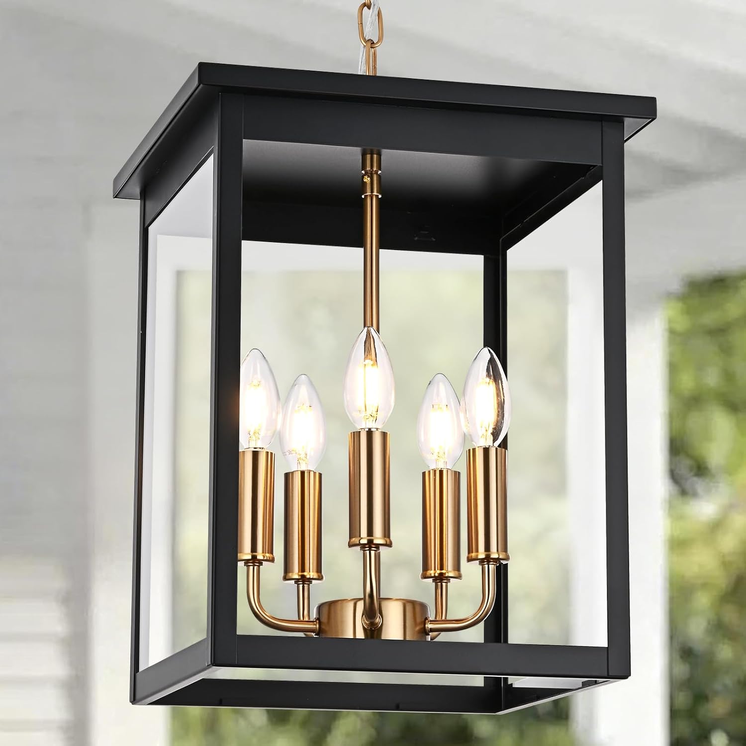 5 Lights Large Outdoor Pendant Light,Black Brass Outdoor Chandelier for Porch,Exterior Lighting Fixtures Front Porch Hanging Lights,Adjustable Hanging Lantern Light for Entryway,Patio