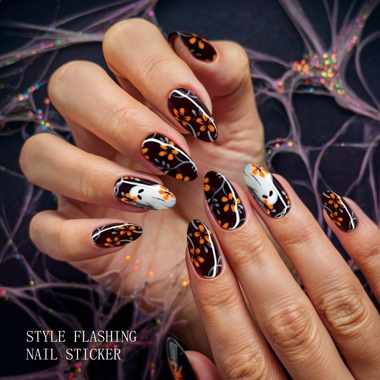 JMEOWIO Gel Nail Stickers Halloween Cute Ghost Flower Semi Cured Gel Nail Strips Wraps UV/LED Nails Art Design Decoration Accessories - Image 3