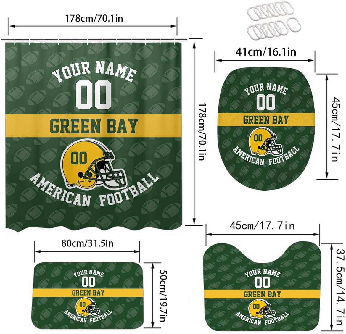 Custom Green Bay Style Football Shower Curtain 4-Set, Personalized Name and Number, Includes Floor Mat, Toilet Cover Mat, U Mat and Shower Curtain Football Fan Bathroom Decorative