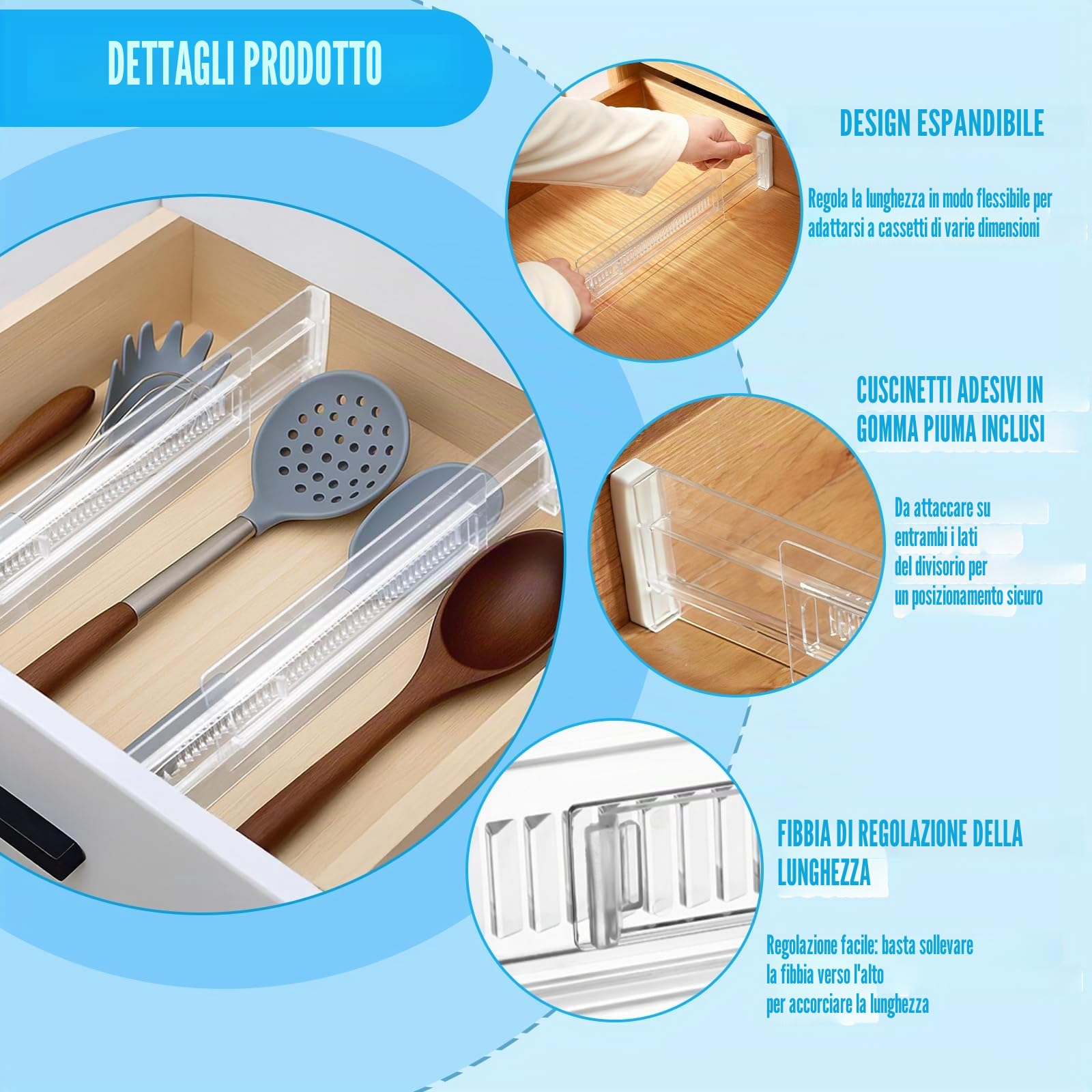 8 Pezzi Divisori per Cassetti Regolabili, Cassetti in Trasparente Separatori, Regolabile Da 28,7 a 50,5 cm, Divisori per Cassetti in Plastica per Bagno,Comò, Cucina O Trucco Conservazione