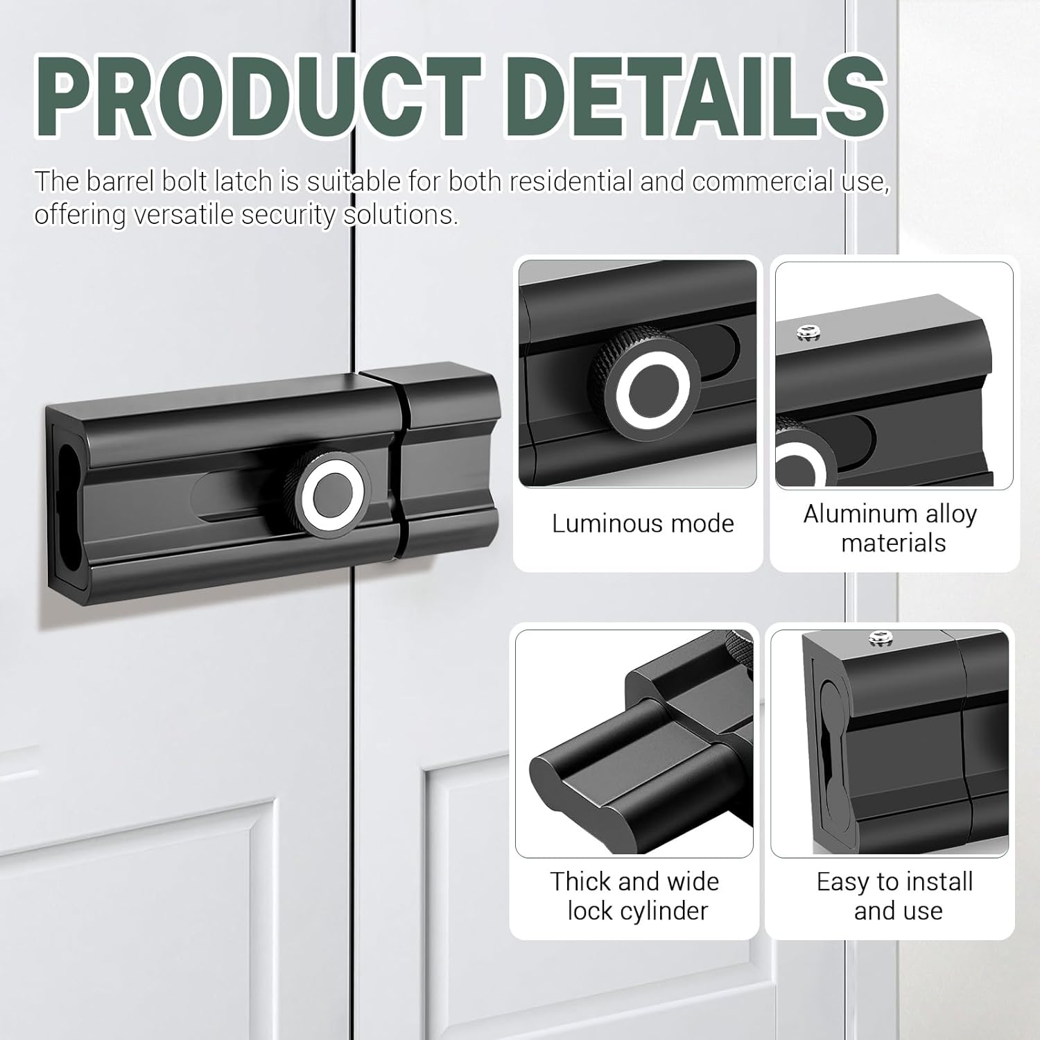 2PCS Aluminum Alloy Latch Lock, Black Slide Bolt Gate Latch, Inside Door Lock, Bedroom Lock, Door Latches for Top of Door, Door Security Devices (3.1''*1.4'')