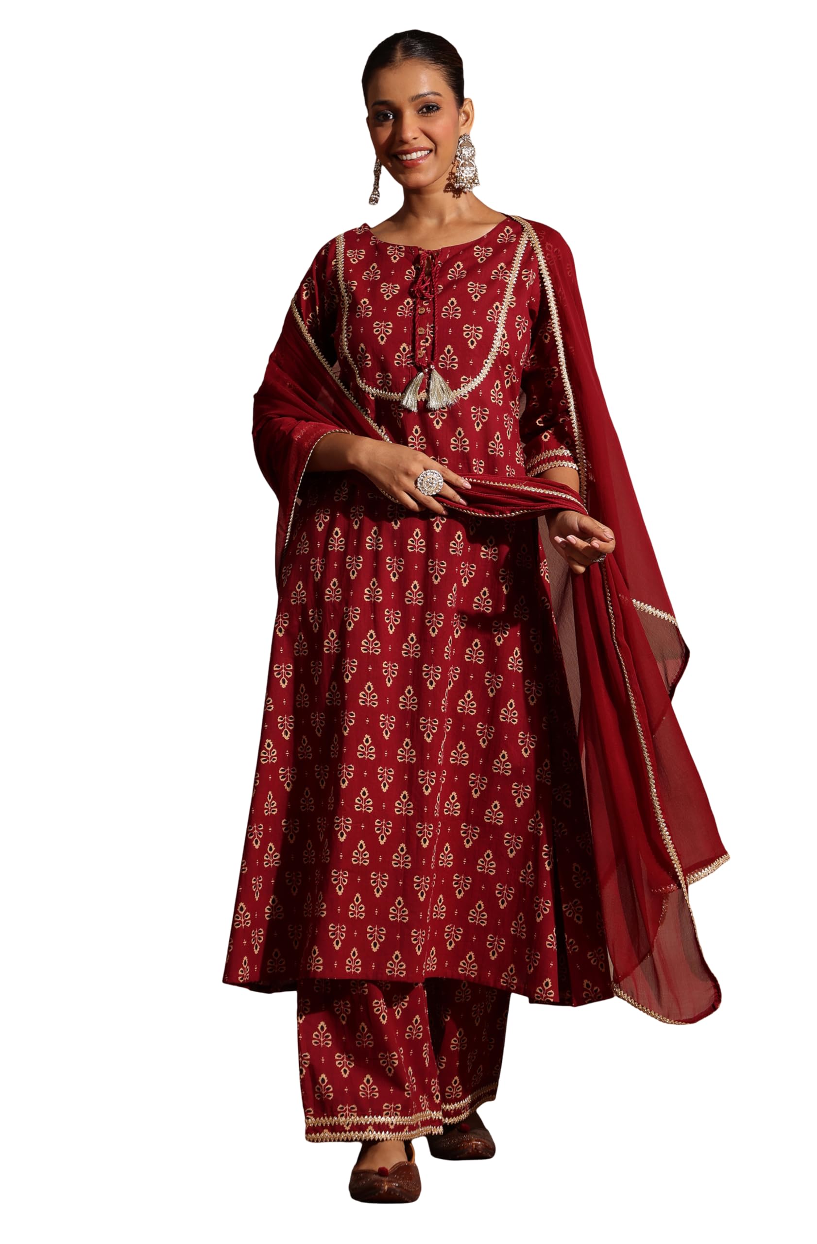 janasya Women's Maroon Pure Cotton Floral Printed A-line Kurta with Palazzo & Dupatta Set-picture-16