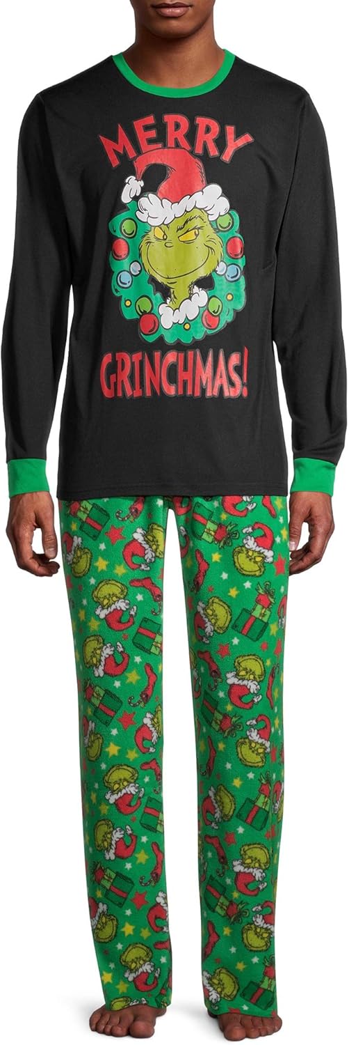 Dr. Seuss Men's Grinch 2 Piece Holiday Pajama Set, Medium Black/Green