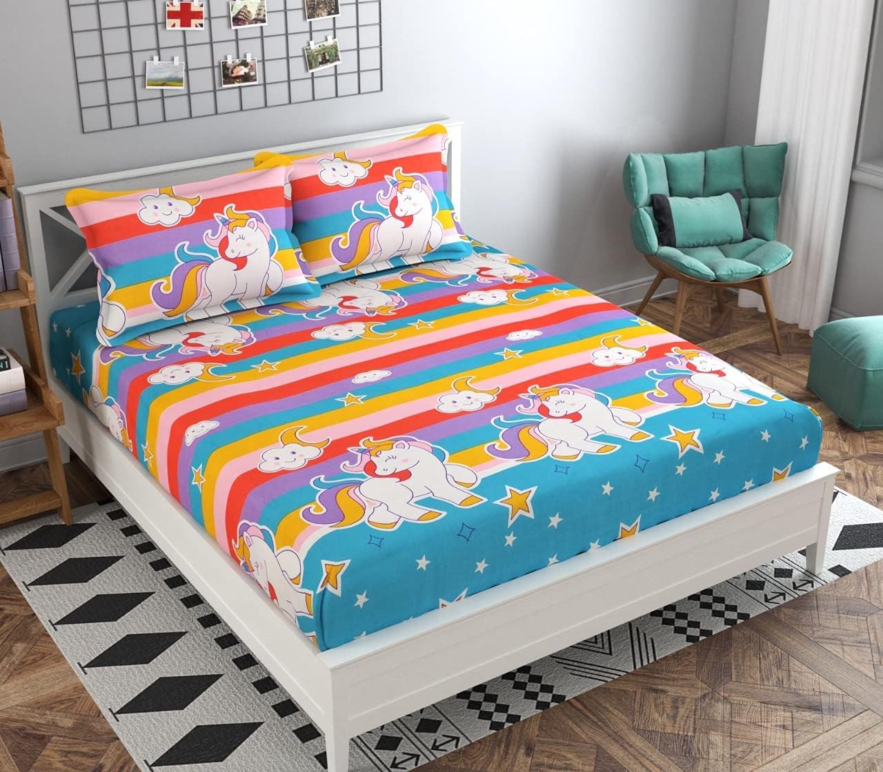 - FRESH FROM LOOM Glace Cotton Wrinkle Free Soft Hypoallergenic Bed Sheet | Cartoon Printed Double Bedsheets King Size for Kids with 2 Pillow Cover (90x95 Inches/Unicorn/Boys Girls Room)