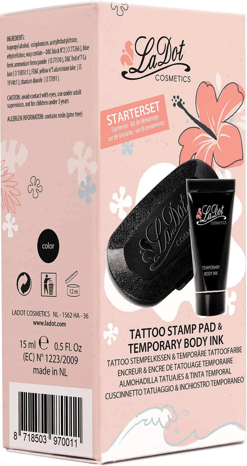 LaDot Tattoo Starter Set - kolor czarny z certyfikatem i pieczątką dla dzieci i dorosłych, tymczasowe sztuczne tatuaże przyjazne dla skóry, tusz do tatuażu na ciało i ramię, wodoodporny, 15 ml