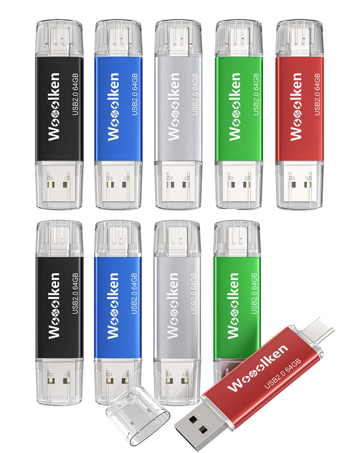 Pamięć flash USB C, 64 GB, 10 sztuk, pamięć flash Wooolken typu C + USB 2.0, pendrive OTG, pamięć USB do iPhone'a 15 / smartfona z systemem Android, tabletów, komputerów, laptopów