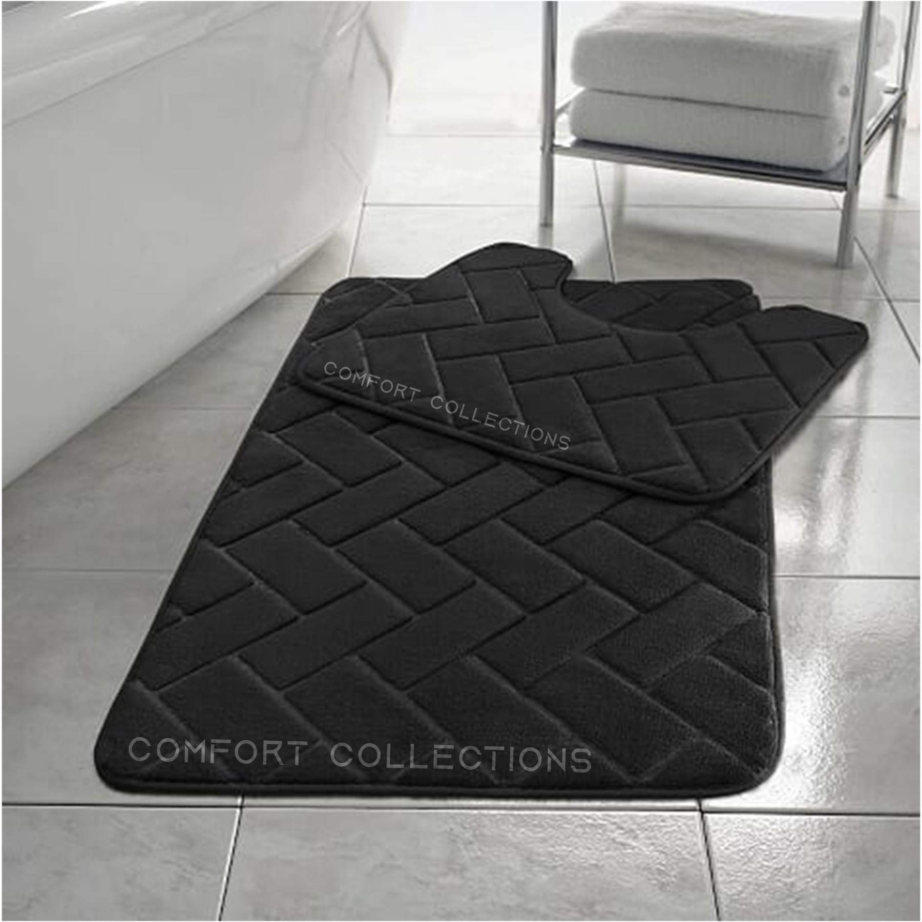 Comfort CollectionsMemory Foam Bath Mat Set Pedestal Toilet Mat Bathroom Rug 2 Piece Soft Absorbent Non Slip Block Black Bath Mat (50CM X 80 CM) & Pedestal Mat (50CM X 40 CM) Approximate
