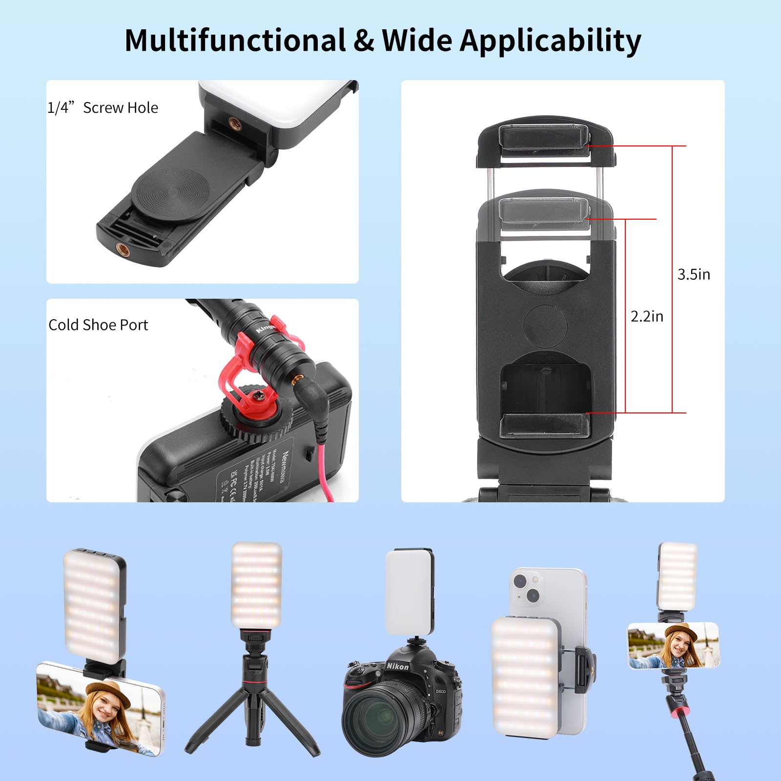 Newmowa Multifunctional Selfie Light with Phone Clip,Rechargeable Portable Light for Phone,Camera,3 Light Modes,Folding Phone Light for Selfie/Video Conference/Zoom Call/Live Stream/Makeup/TikTok