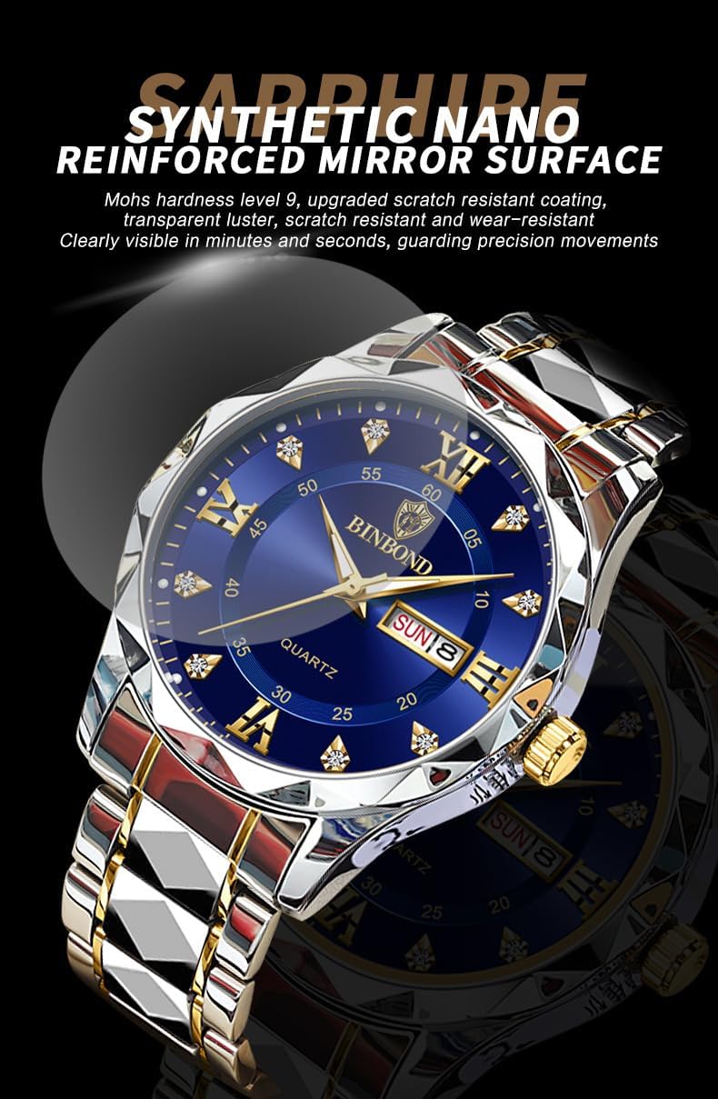 Men's Wrist Watches, Stainless Steel Watches for Men Week/Date Calendar Quartz Waterproof Watch for Men Business Dress Luminous Hands Men's Watch - Image 3