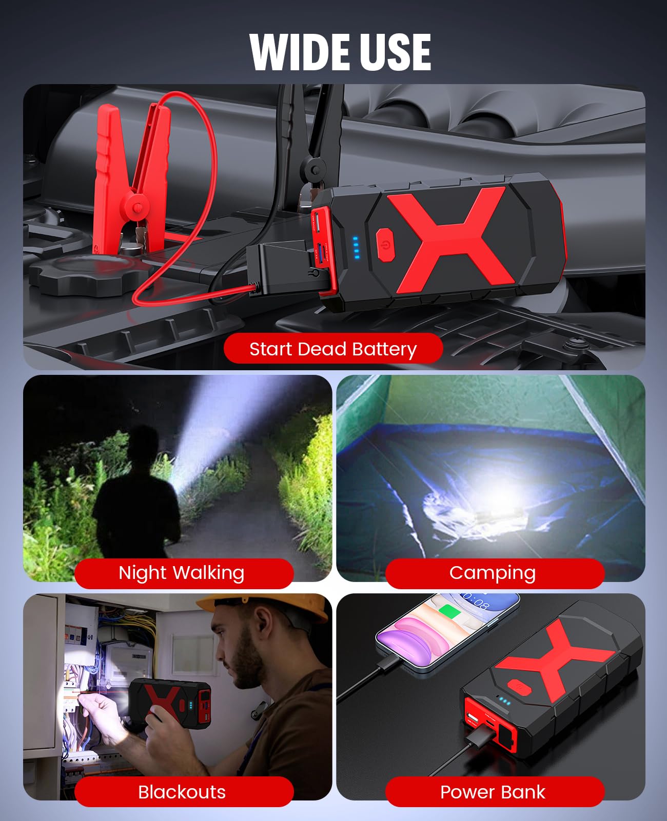 BOOKOO Arrancador A9 de 4000 A para coche, barco, cortacésped, motores diésel de 12 L de gas y 10 L, batería portátil de 12 V con cables de puente, puertos USB de carga rápida y USB C, 3 modos LED y