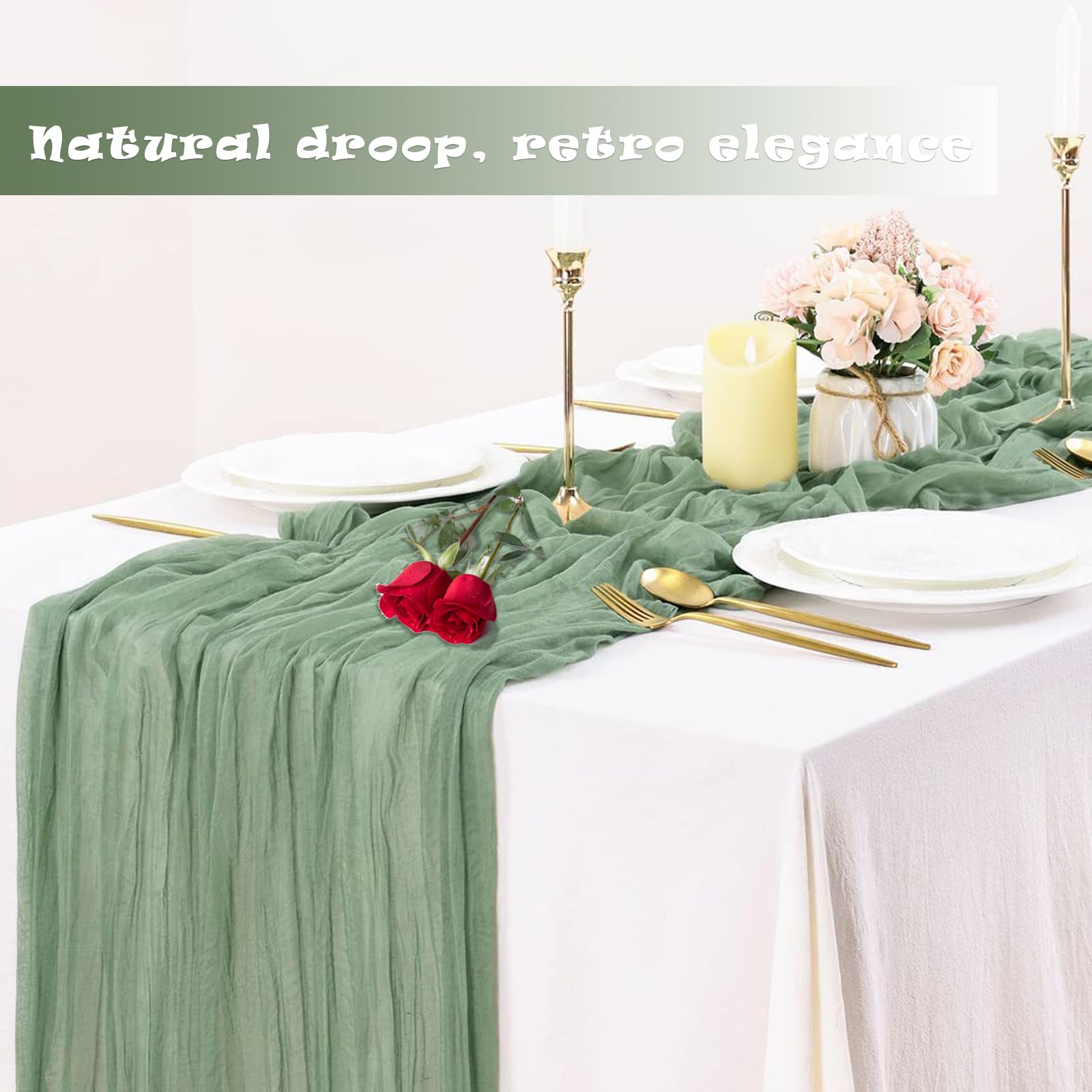 10 Stück Seihtuch-Tischläufer, Tischläufer Salbeigrün Boho, Seihtuch-Tischläufer Salbeigrün, Gaze-Tischläufer Tischdecke Tischdeko, für Hochzeit Vintage, Geburtstag, 90 x 300 cm
