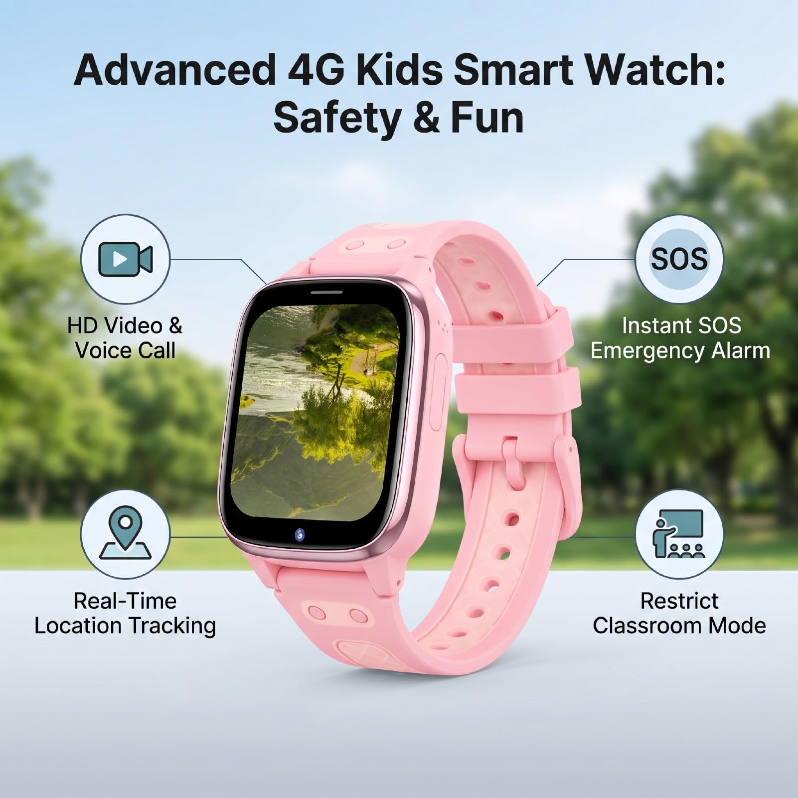 Tosuny Smartwatch per Bambini 4G LTE con Posizione LBS e Fotocamera da 8 MP (PINK) | Chiamate video e vocali, allarme SOS, touch screen da 1,83", controllo genitori, modalità aula, resistente all'acqua IPX7