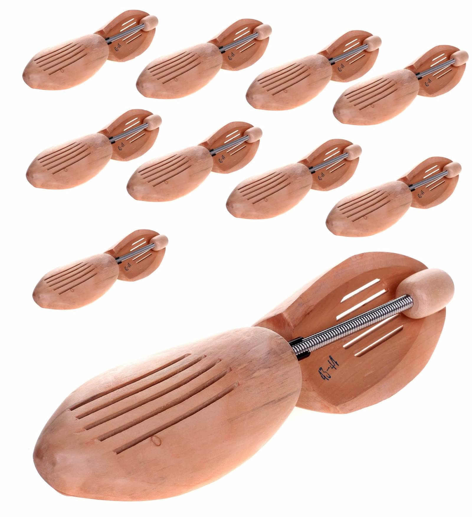 10 Paia | Tendiscarpe in Legno Naturale Unisex, Alberi di Scarpe con Molla a Spirale, Forma per Calzature, Allarga Scarpe di Vero Legno, Taglia 43 - Taglia 44, KXB6001-10x-43