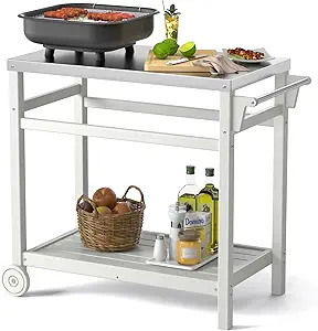 TORVA Outdoor Prep Grill Carts, 303 Stainless Steel Tabletop with High Load Capacity Portable BBQ Table, HDPE Durable Frame 2-Tier Storage Cart, White
