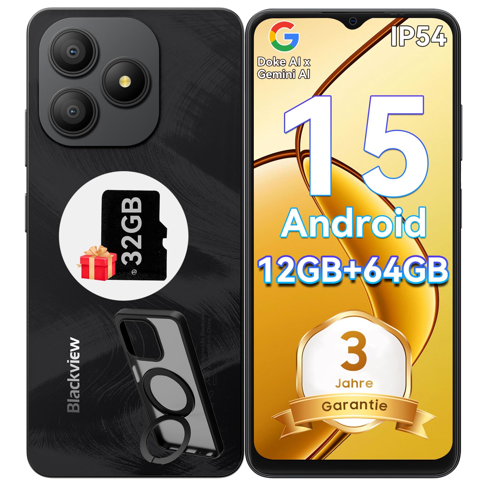 Blackview Wave 9C Unlocked Android Phones, Android 15 Cell Phone Unlocked, 6.56" Smartphones, 12+64GB/2TB，13MP+8MP，5000mAh，Fingerprint/Face ID, Black