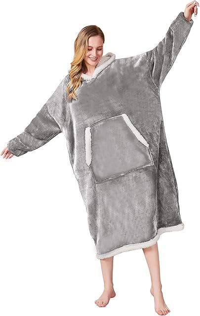 Wearable Blanket Hoodie Grey Fluffy Fleece Adults Hooded Hoody Blanket for Men Women Comfy Hoodie Blanket Gift for Her Gift for Women