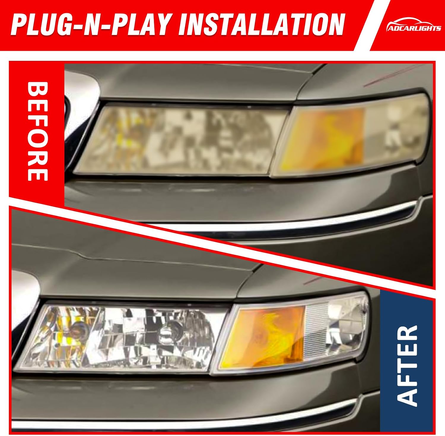 for 1998 1999 2000 2001 2002 Mercury Grand Marquis Headlight Assembly 1998-2002 Mercury Grand Marquis Clear Lens Chrome Housing Amber Reflector Driver and Passenger Side（W/O Bulbs）