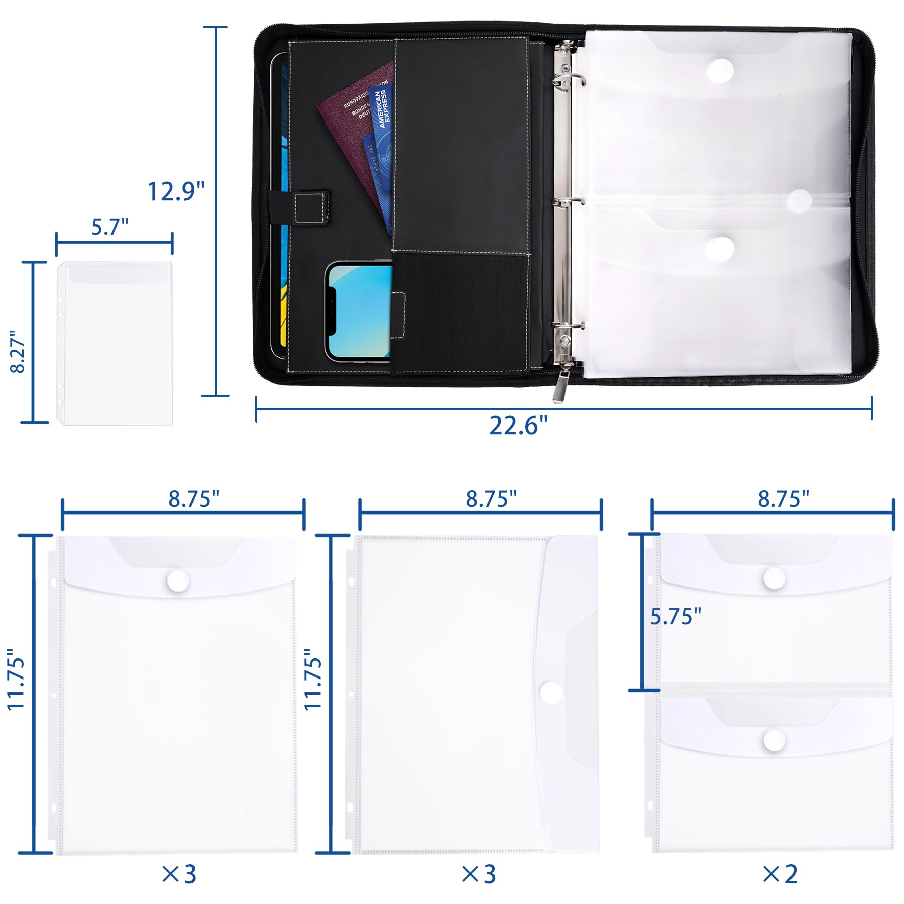 HAUTOCO Porte-documents en cuir synthétique avec 3 anneaux et fermeture éclair pour certificats de naissance, cartes de sécurité sociale, passeports, papiers importants