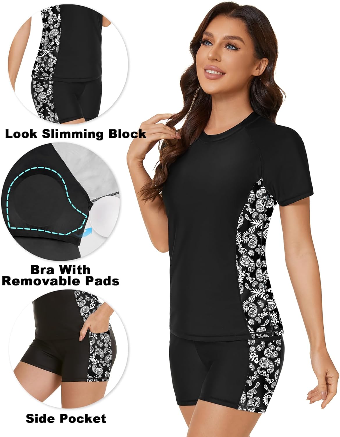 Tournesol Women's Rash Guard 2 Piece Short Sleeve Swim Shirt with Shorts Swimsuit with Bra Bathing Suit Plus Size with Pocket - Image 4