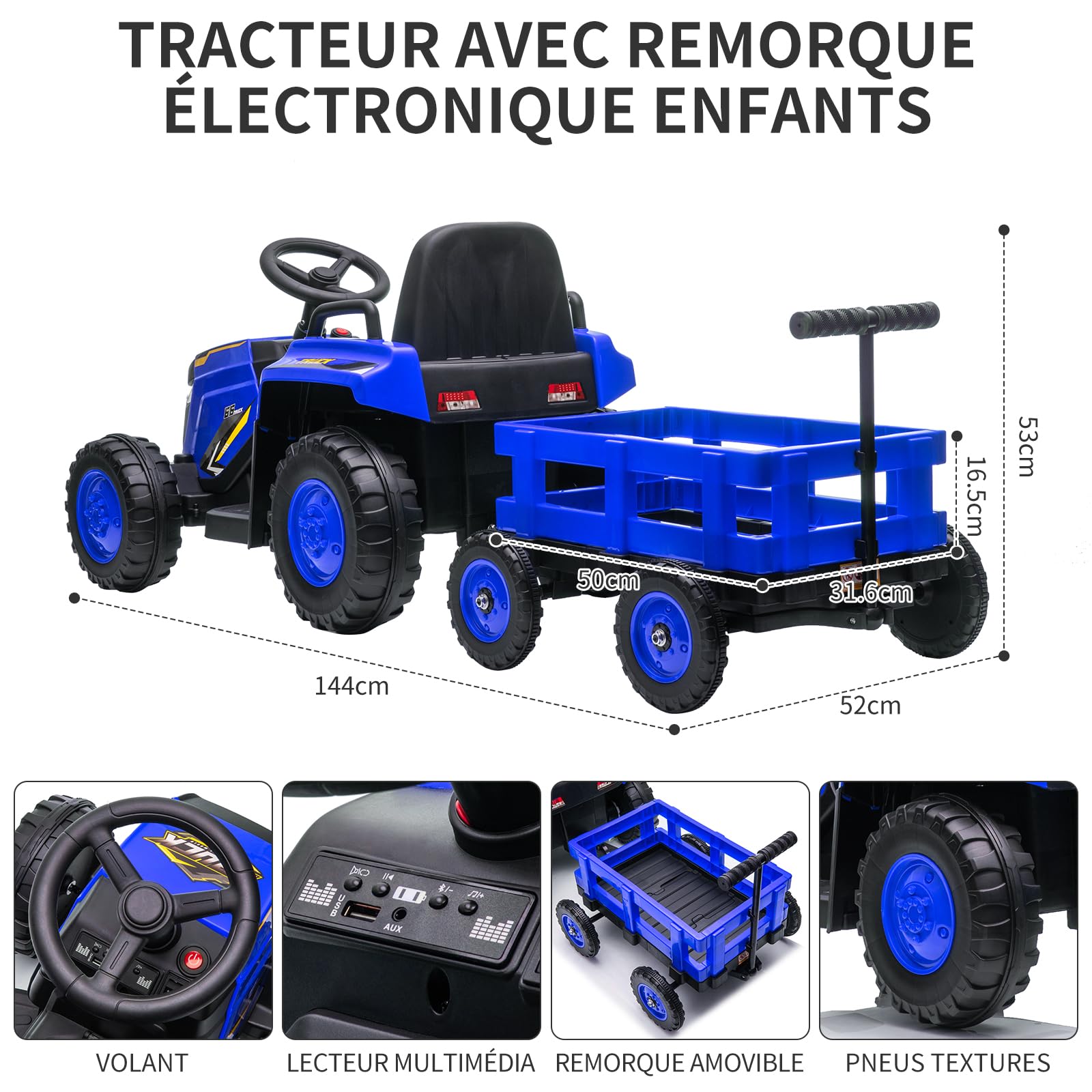 Zstar Tracteur électrique Enfant 12V avec remorque Amovible – Double Moteur, 6 Roues, phares LED, Musique, klaxon, télécommande 2.4G, 3 Vitesses, Ceinture de sécurité, Batterie puissante – Véhicule