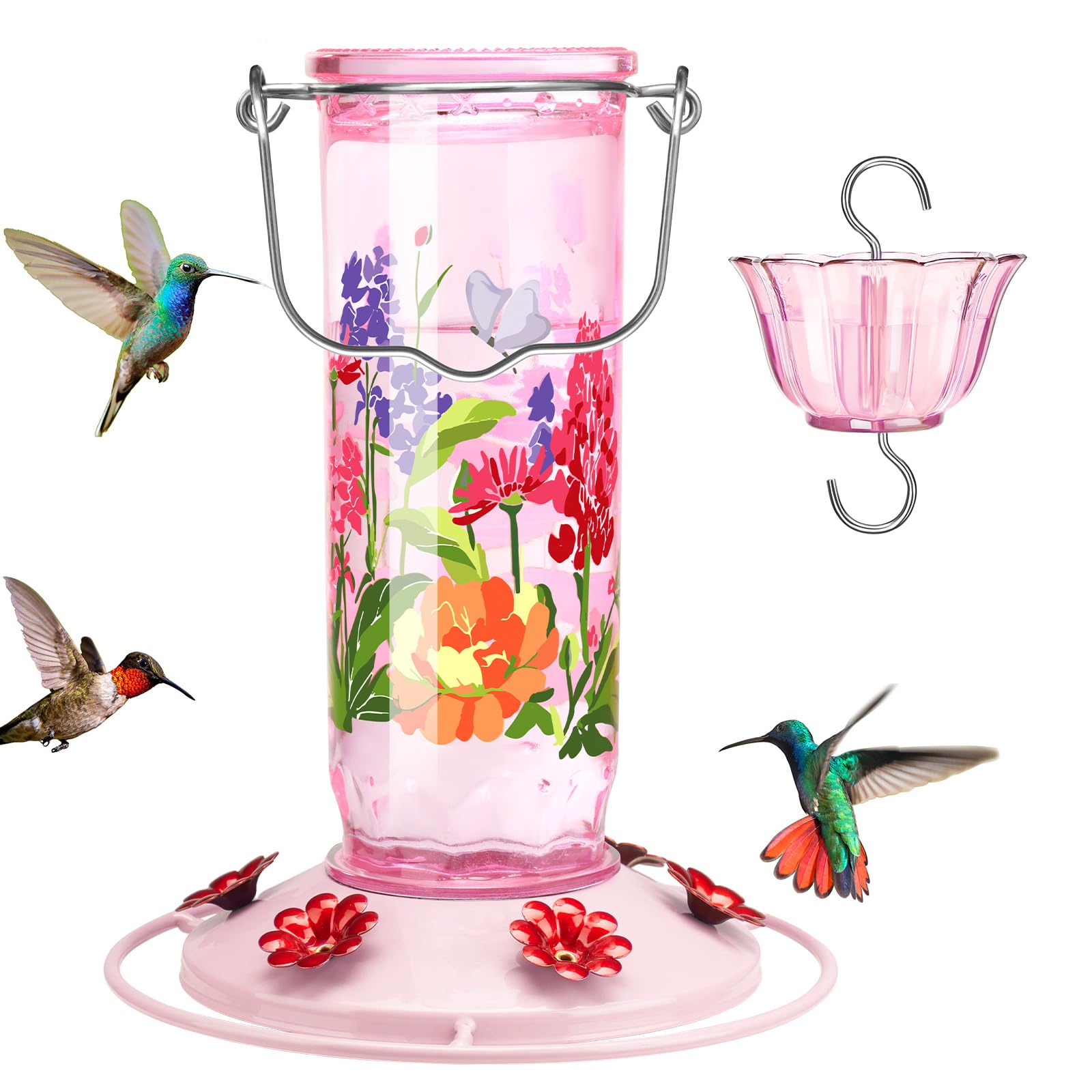Kingsyard Patterned Glass Hummingbird Feeder in Pink