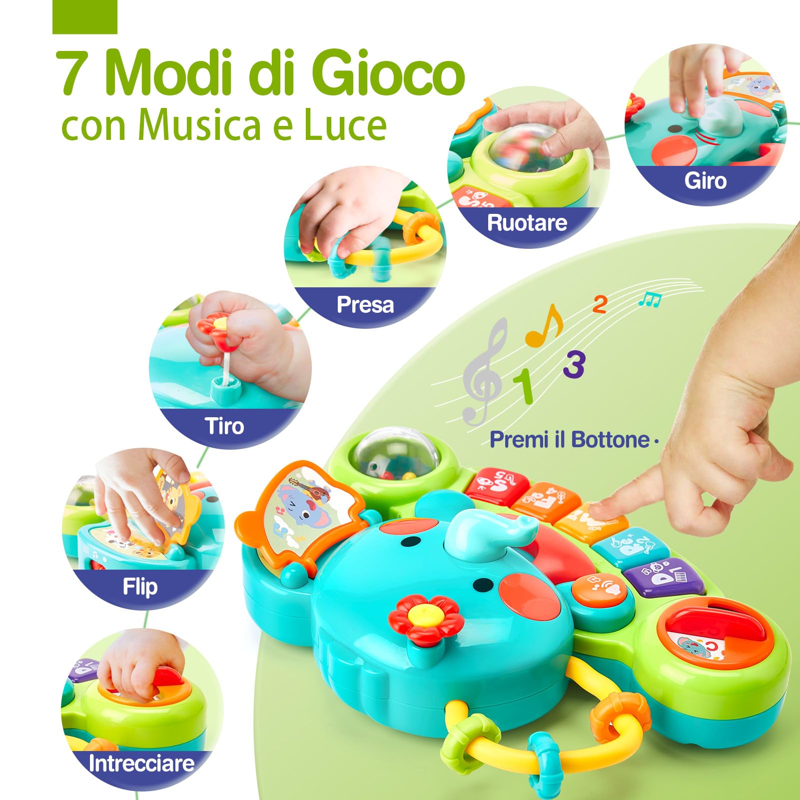 hahaland Giochi Musicali Bambini 6 Mesi - Giocattolo Attività Pianoforte Elefante con Musica e Luci, Pianola Neonato 6 9 12 Mesi Tastiera Educativa Neonata 1 anno