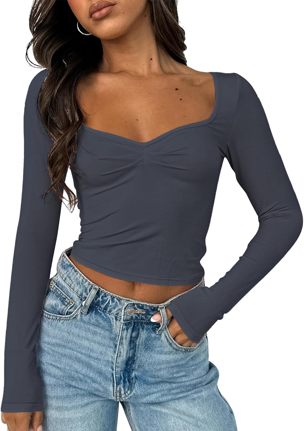 Women's Long Sleeve Going Out Crop Top Sexy Pleated Trendy Shirt Sweetheart Neck Y2K Ruched Cropped Tops