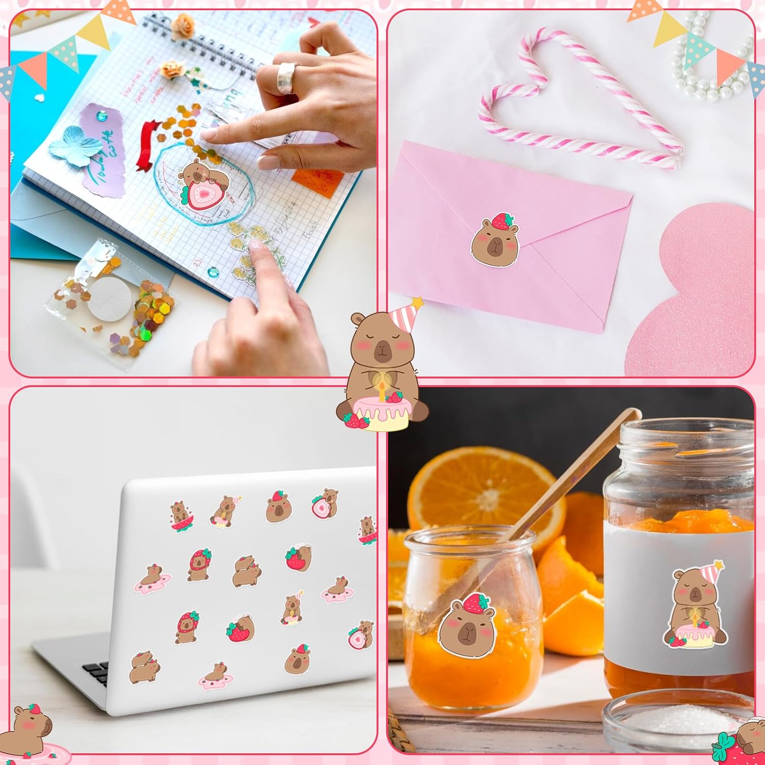 Capybara Stickers Roll, 1000Pcs Cute Animal Stickers for Kids 8 Patterns Strawberry Capybara Gifts, Teacher Reward Classroom Supplies Decals for Water Bottles Laptop Scrapbook