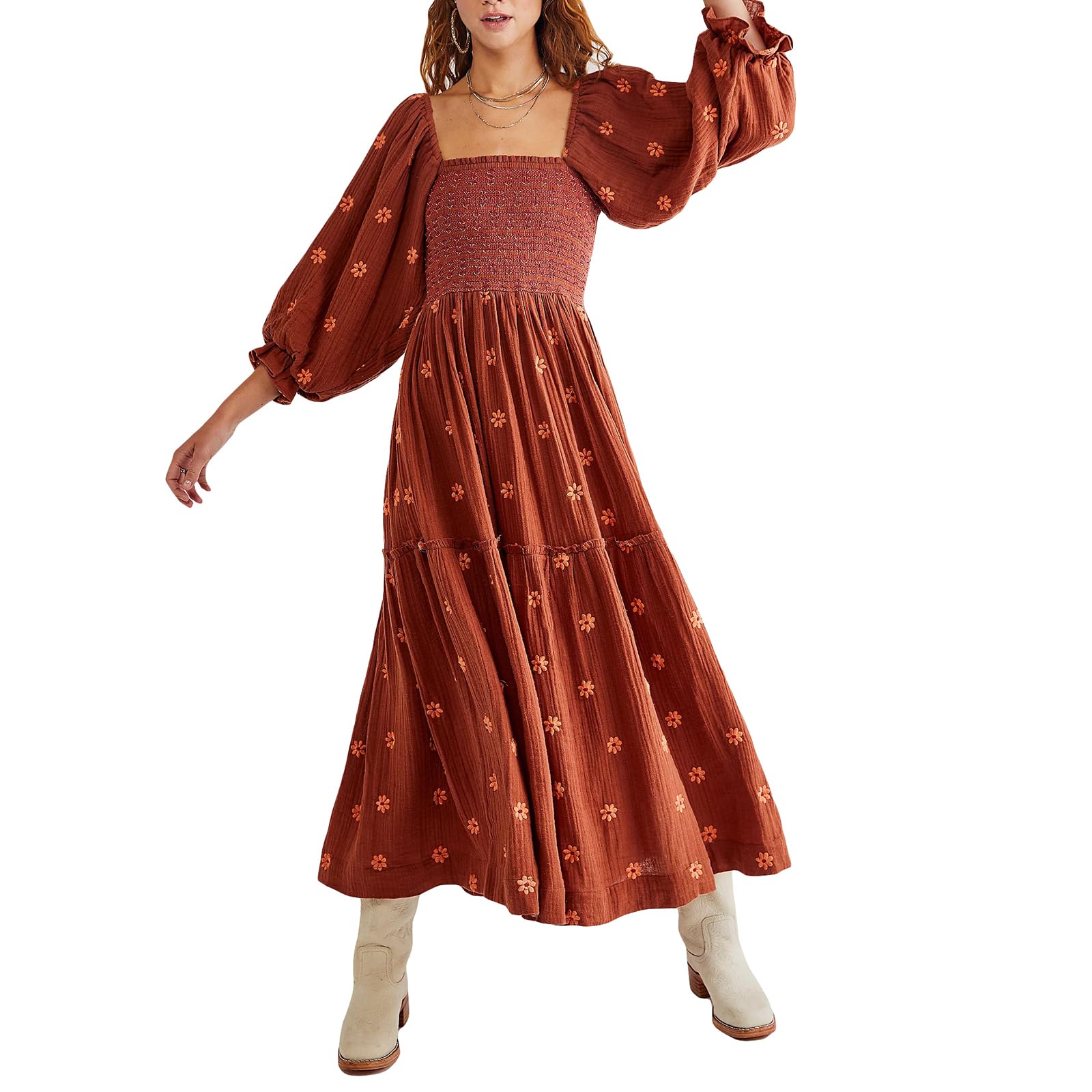 Robe longue brodée florale 3D à manches bouffantes chic - 6