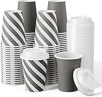 Vista 1 de JOLLY CHEF 100 Pack 12 oz Paper Coffee Cups, Disposable Printed Hot Cups with Lids for Home, Business, Restaurant and Cafe (Stripes and Grey)