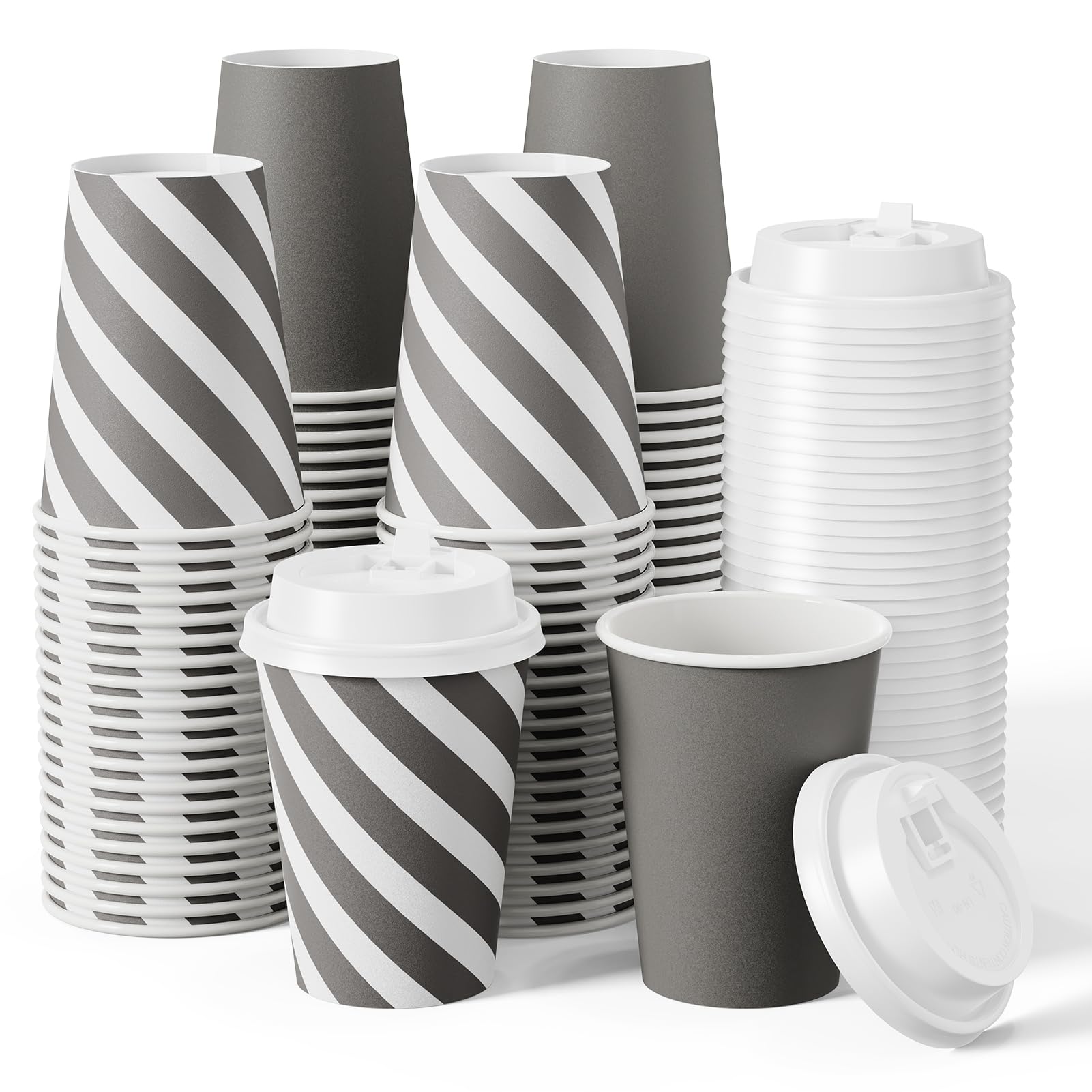 JOLLY CHEF 100 Pack 12 oz Paper Coffee Cups, Disposable Printed Hot Cups with Lids for Home, Business, Restaurant and Cafe (Stripes and Grey)The Forest Stewardship Council