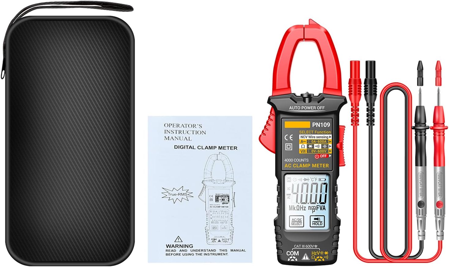 PN109 Multimeter 4000 Counts Digital Display Clamp Meter Tester Battery Operated(NOT Included)
