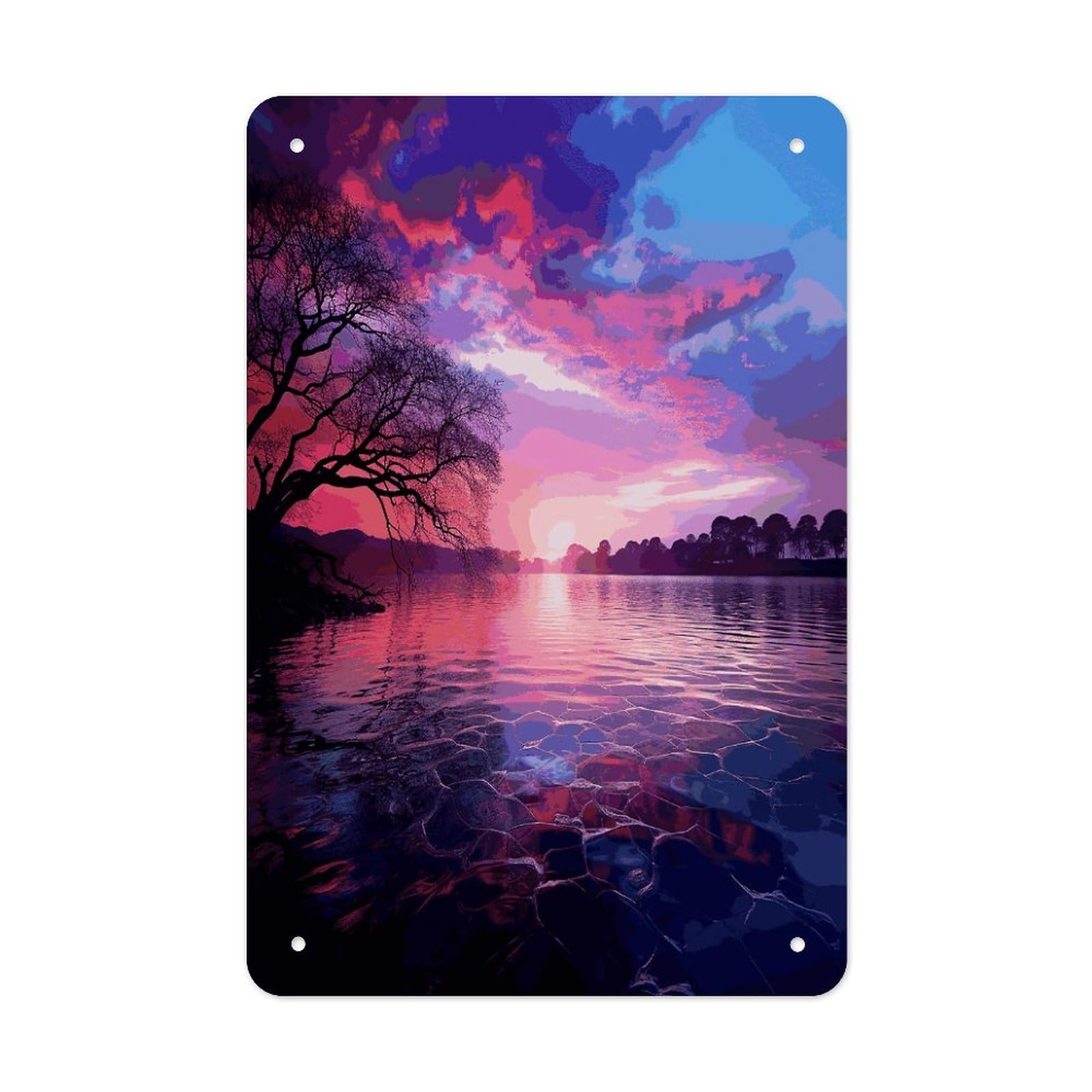 Purple Sunset on Water Metal Tin Sign Wall Decor Funny Retro Sign Weatherproof Metal Wall Art for Indoor Or Outdoor Retro Tin Signs for Kitchen Office Home Bar Decor 11.8 X 7.9 Inch