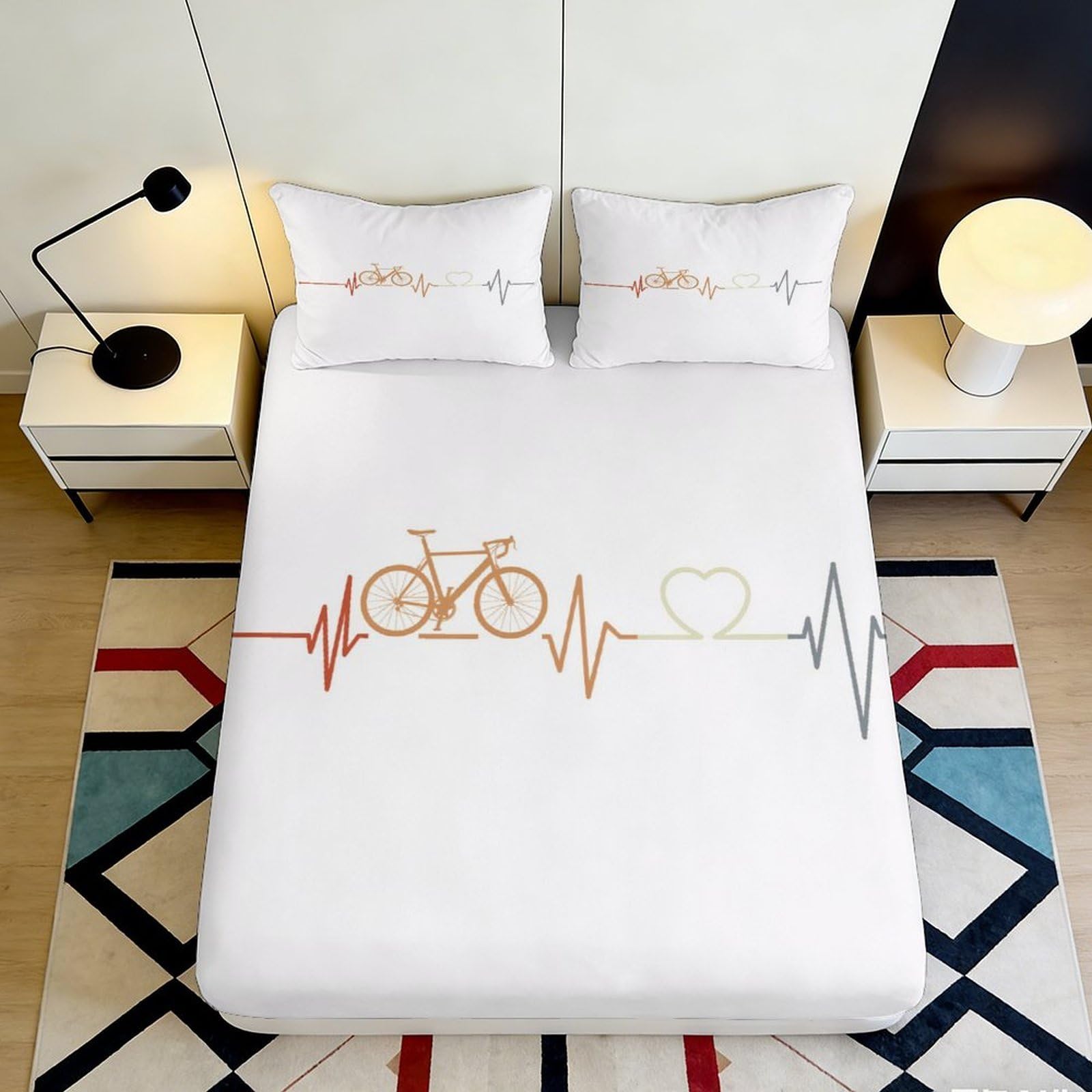 3D Printed Bicycle Heartbeat Fitted Sheet Microfiber Soft Breathable Mattress Cover for Bedroom Dorm Room Decor Easy Care 90x200x25cm