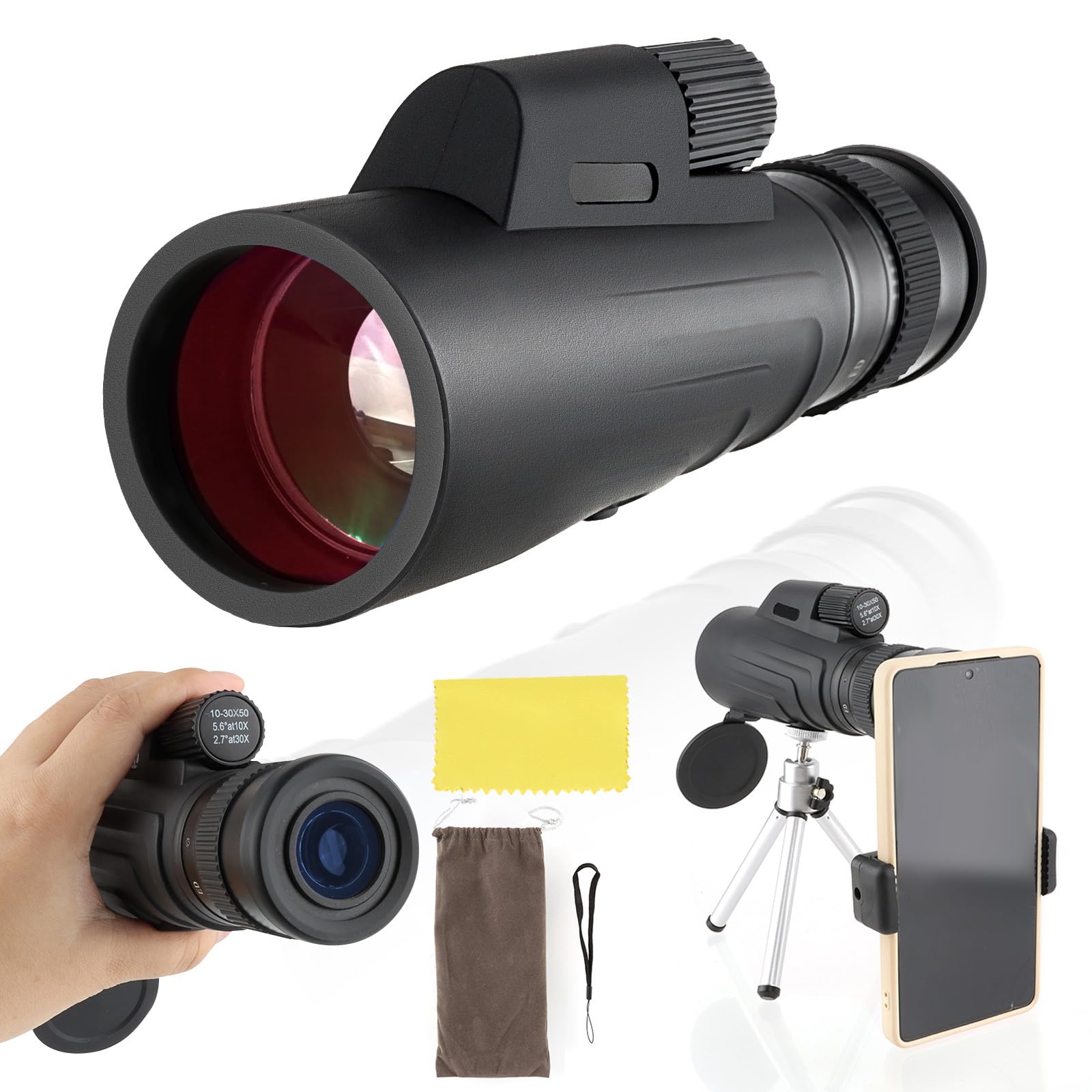 Telescopio monoculare compatto a prisma multistrato, 10-30 x 50, ottica monoculare impermeabile ad alta potenza con adattatore per smartphone, treppiedi per adulti, bird watching,
