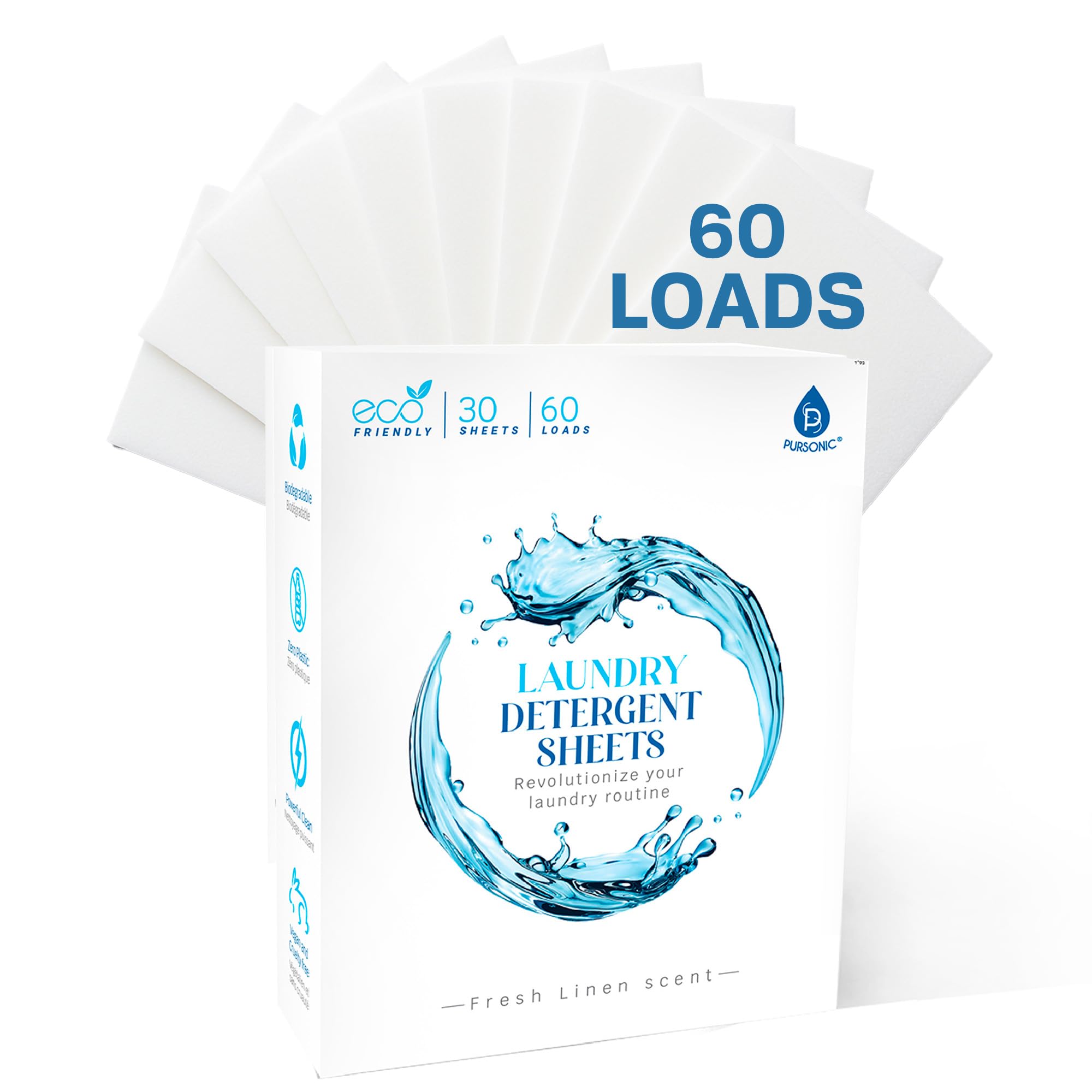 Pursonic Eco Laundry Detergent Sheets - 30 Sheet (60 Loads) Natural Zero Plastic Laundry Sheets with Powerful Cleaning Power - Travel Essentials,